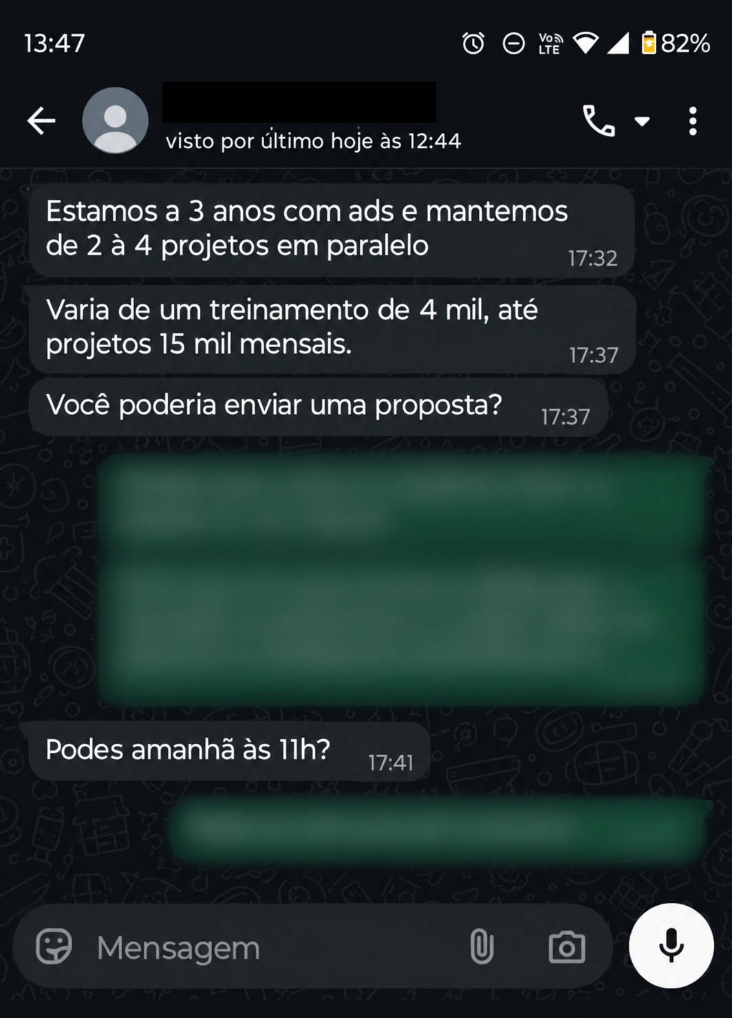 Conversa real anonimizada com solicitação de proposta e reunião